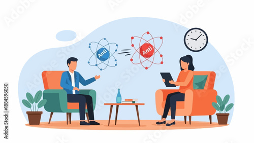 Two individuals discussing abstract concepts, one holding a tablet