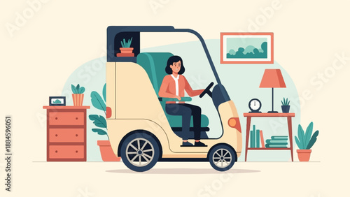 Woman drives modern electric vehicle indoors, surrounded by home decor