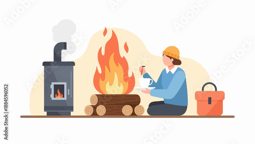 Person by fireplace with cup of tea and bag