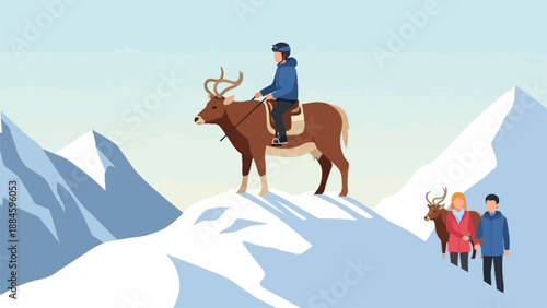 Person rides reindeer over snowy peaks; two people follow