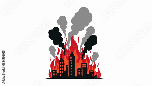 Stylized city skyline silhouette engulfed in flames and smoke