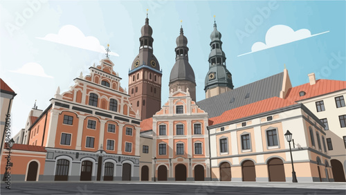 Pixelated cityscape with ornate old buildings and tall spires under a blue sky
