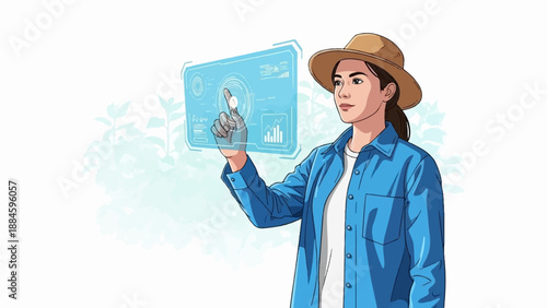 Woman in hat uses futuristic screen for data analysis among plants