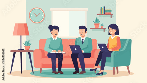 Three colleagues collaborate on laptops and books in a modern office living room