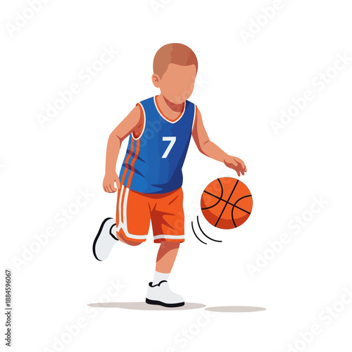 Young boy playing basketball, dribbling ball in sports uniform, isolated on white
