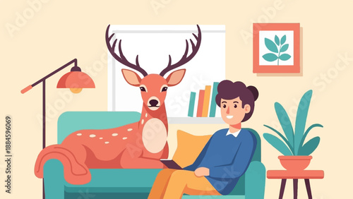Person and deer relax on couch with tablet and houseplant