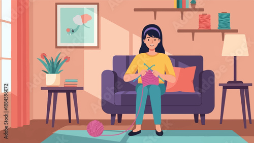 Woman knitting on a couch in a cozy room