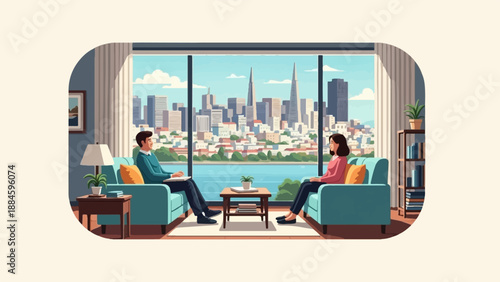 Two people sit on sofas facing each other, a cityscape visible through a large window