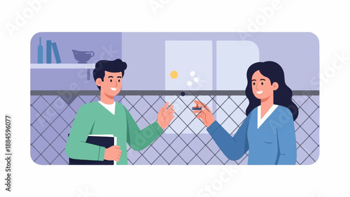 Two people exchange objects over a chain-link fence