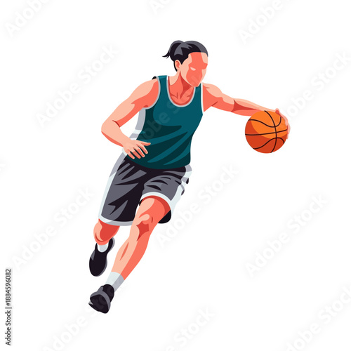 Female basketball player dribbling ball on white background, dynamic action illustration