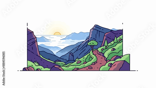 Stylized mountain valley with winding path and sunrise over misty water