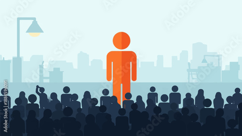 One bright figure stands out among a muted crowd with city skyline backdrop