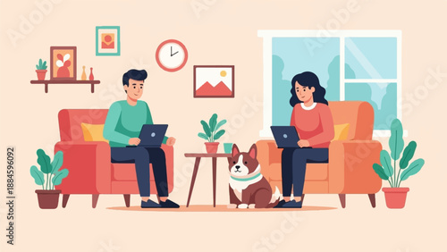 People working on laptops with dog and plants in cozy room