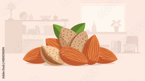 Pile of whole and halved almonds with leaves in a soft-toned room