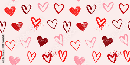 Hand drawn different various hearts seamless repeat vector pattern. Brush marker ink linocut grunge textured aged distressed heart shapes endless Valentine's day background. Craft handmade template