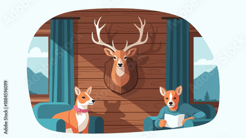 Two dogs relax inside a rustic cabin with a mounted deer head and windows