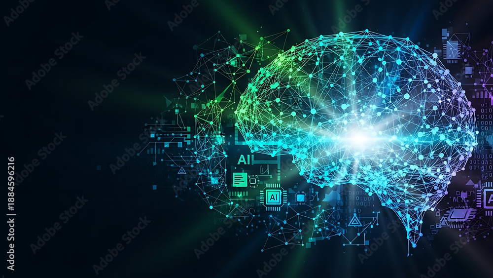 Obraz premium Artificial intelligence concept showing a neon digital brain surrounded by abstract futuristic elements and data streams representing computation and deep learning