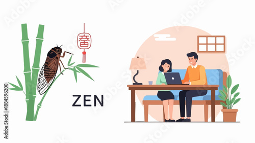 Two people work at a desk beside a cicada on bamboo