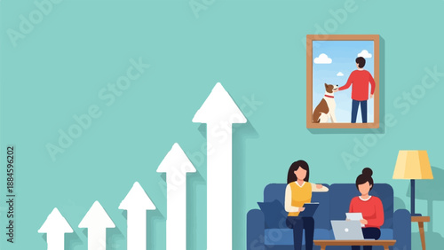 Two women relax on couch with laptop as growth arrows ascend beside them