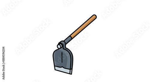 Traditional garden hoe with a long wooden handle and a sharp metal blade for digging and soil cultivation in a clear illustration style.