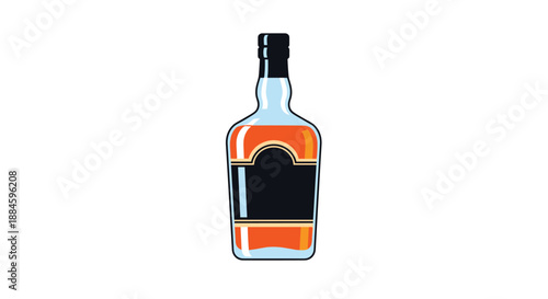 Elegant glass bottle of amber-colored whiskey or liquor with a black label and cap standing on a plain white background for bar menus.