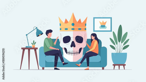 Two people sit on a sofa facing a large skull wearing a crown
