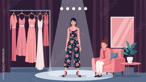 Model showcases floral outfit on runway with dresses and viewer nearby