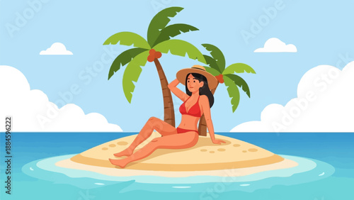 Woman in bikini and hat relaxes on tropical island beach under palm trees