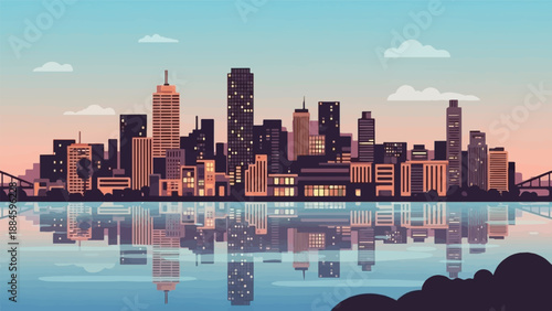 Pixel art cityscape with skyscrapers reflecting in water at sunset