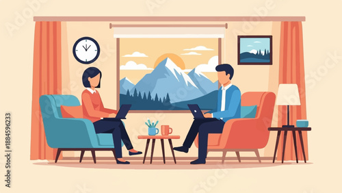 Two people working remotely on laptops in a cozy living room with mountain view