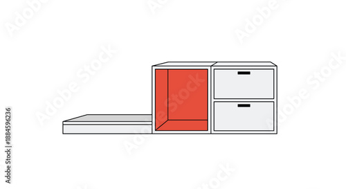 Modern low-profile storage cabinet with one open orange shelf and two white drawers for home organization and minimalist interior design.