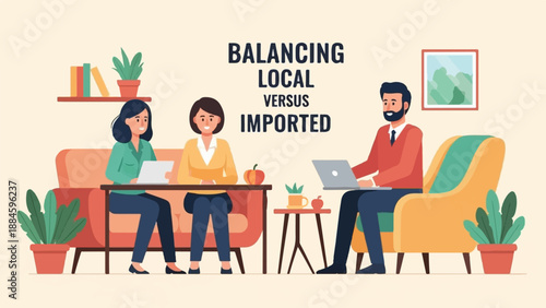 Three people in a cozy room discussing local versus imported options