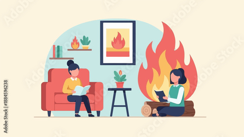 Two women reading by a fireplace with a framed artwork on the wall