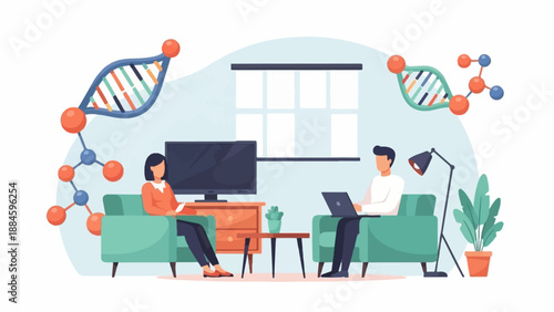 Two people in a modern living room with DNA strands overhead