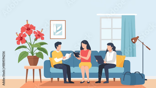 People reading and working on a laptop in a living room