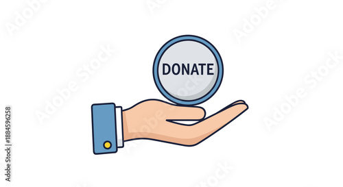 Helpful hand in a blue suit sleeve holding a large silver coin with the word donate representing charity and philanthropic contributions.