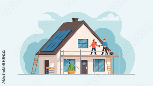 Workers install solar panels on a house roof while standing on scaffolding