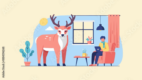 Person sitting in armchair with laptop and deer in room with plants