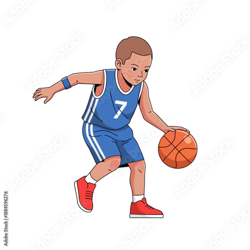 Young Boy Dribbling Basketball, Athletic Kid Playing Sport, Active Childhood