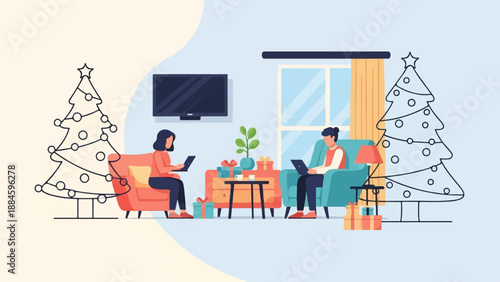 Two people on laptops in a living room with Christmas trees and gifts