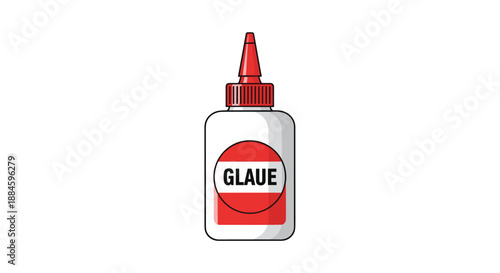 Small bottle of white craft glue with a red cap and a label reading GLAUE suitable for school projects and office work on a white background.