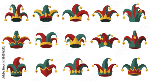 Fun collection of fifteen colorful jester hats in various patterns and color combinations featuring bells and a whimsical carnival theme.