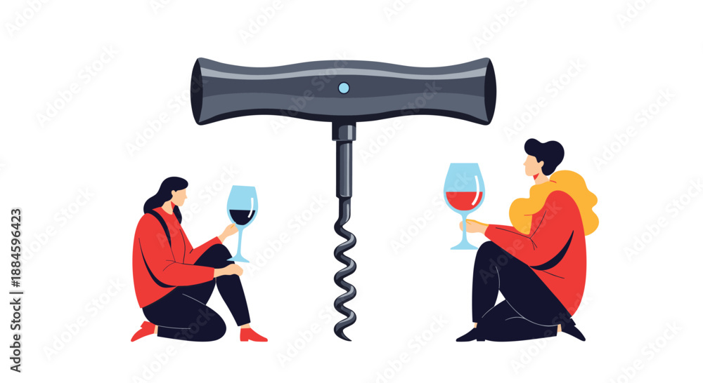 Obraz premium Man and woman sitting with glasses of wine next to a giant corkscrew bottle opener in a conceptual illustration of drinking.