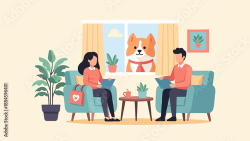 Two people in armchairs, a dog looks through a window, plants