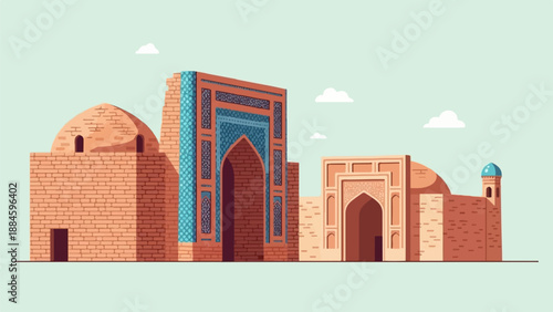 Pixel art of ancient brick buildings with ornate arches and domes under sky