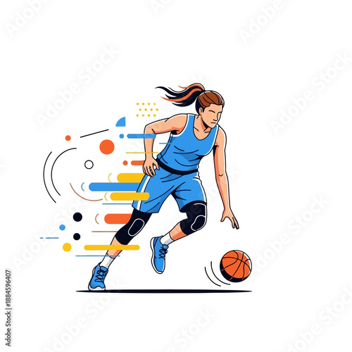 Female basketball player dribbling ball, dynamic motion, abstract lines