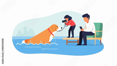 Stylized scene of a dog in water with people photographing and relaxing