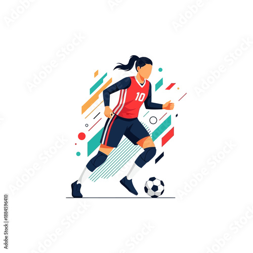 Female Soccer Player Running With Ball, Dynamic Abstract Background