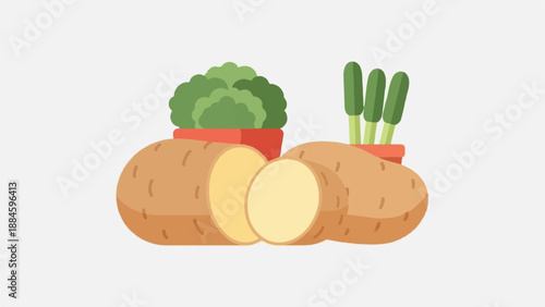 Simple illustration of potatoes, broccoli, and green onions in pots