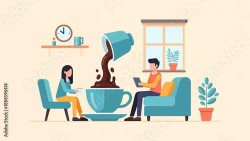Two people enjoying coffee indoors by a window